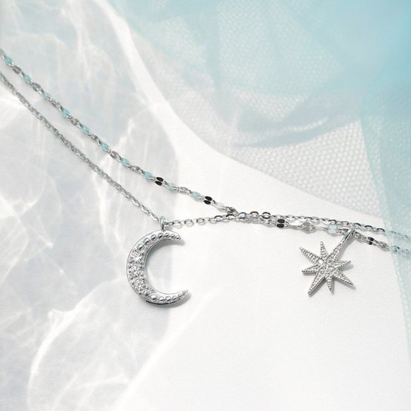 NEW 925 Sterling Silver Diamond Moon Star Necklace - Picture 2 of 8